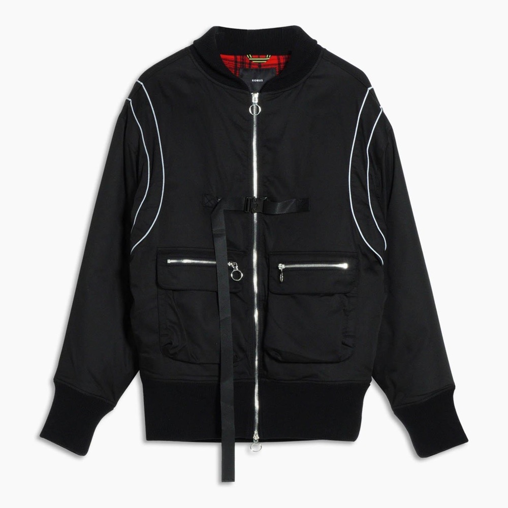 Men’s Konus Oversized Bomber Jacket in Black Reflective Piping Size L